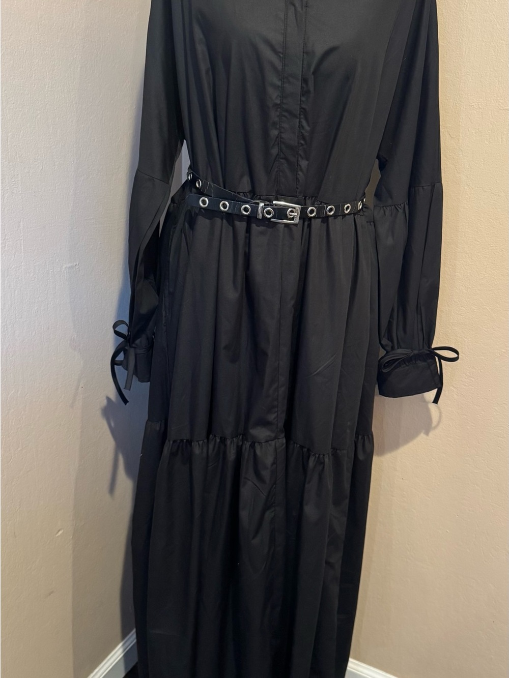 Sexy Black Long Sleeve Tiered Dress W/Tie Sleeves, Shirt Collar & Buttons